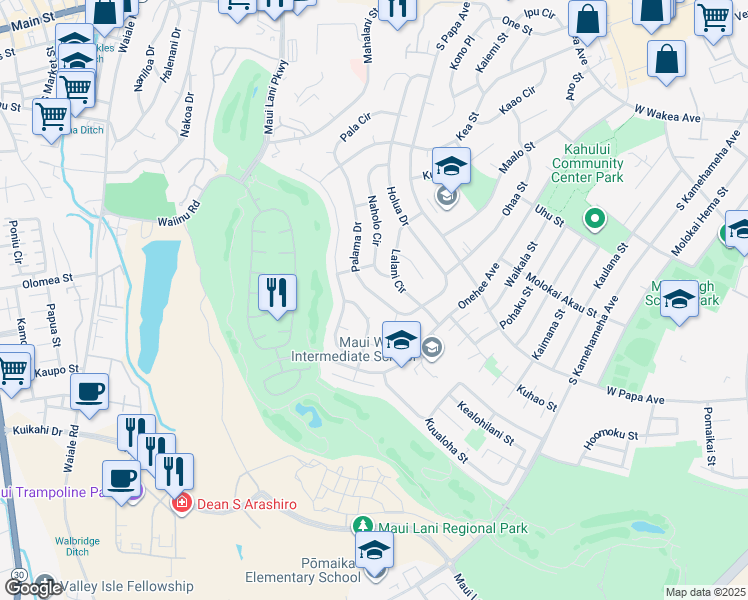 map of restaurants, bars, coffee shops, grocery stores, and more near 466 Palama Drive in Kahului