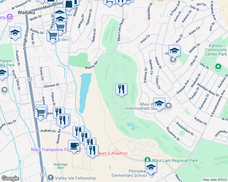 map of restaurants, bars, coffee shops, grocery stores, and more near 6 Loihi Place in Kahului