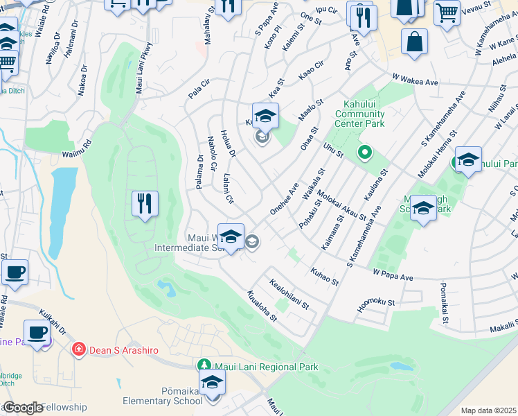 map of restaurants, bars, coffee shops, grocery stores, and more near 639 Holua Drive in Kahului