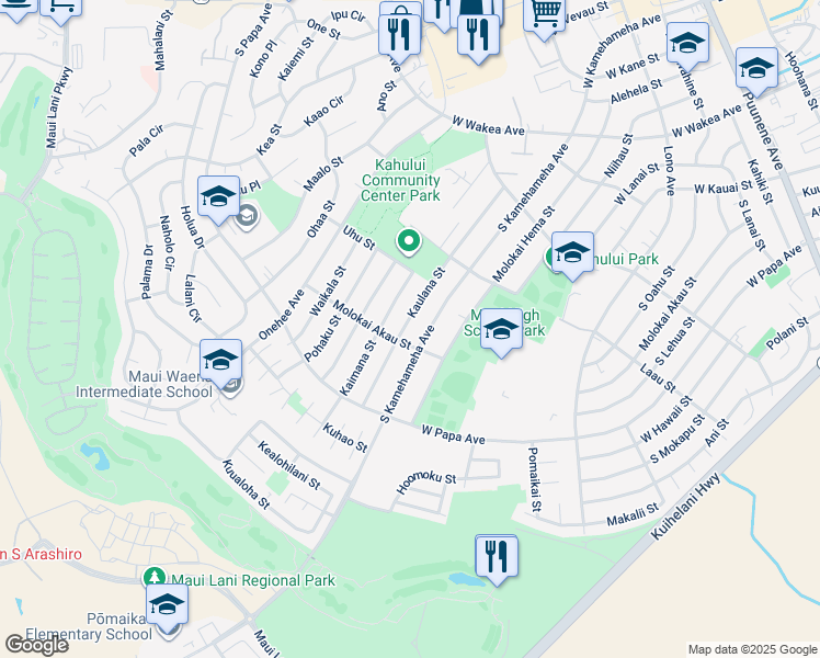map of restaurants, bars, coffee shops, grocery stores, and more near 547 Kaulana Street in Kahului