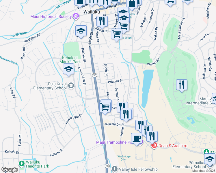 map of restaurants, bars, coffee shops, grocery stores, and more near 1911 Pohakea Place in Wailuku