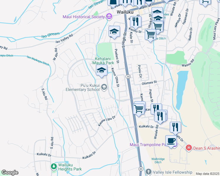 map of restaurants, bars, coffee shops, grocery stores, and more near 57 Uaha'a Place in Wailuku