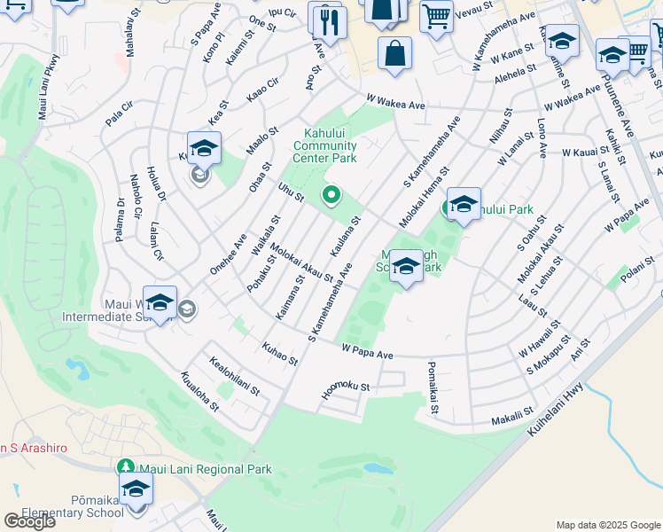 map of restaurants, bars, coffee shops, grocery stores, and more near 547 Kaulana Street in Kahului