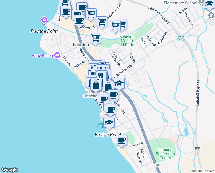 map of restaurants, bars, coffee shops, grocery stores, and more near 216 Lahainaluna Road in Lahaina