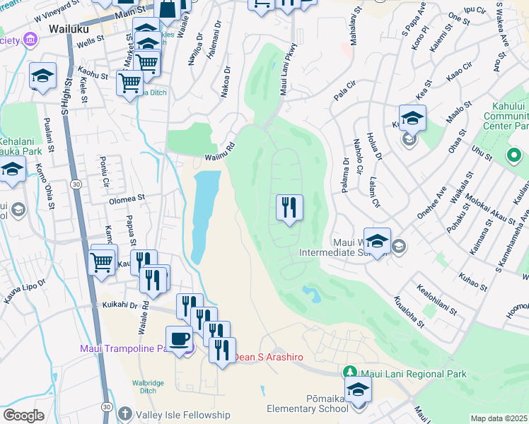 map of restaurants, bars, coffee shops, grocery stores, and more near 355 Kamalei Circle in Kahului