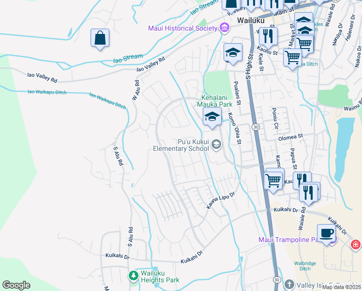 map of restaurants, bars, coffee shops, grocery stores, and more near 114 Pua Kalaunu in Wailuku