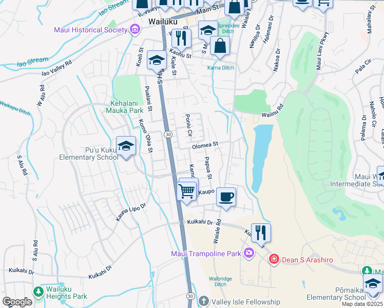 map of restaurants, bars, coffee shops, grocery stores, and more near 1911 Pohakea Place in Wailuku