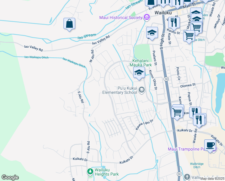 map of restaurants, bars, coffee shops, grocery stores, and more near 125 Laau Loke Loop in Wailuku