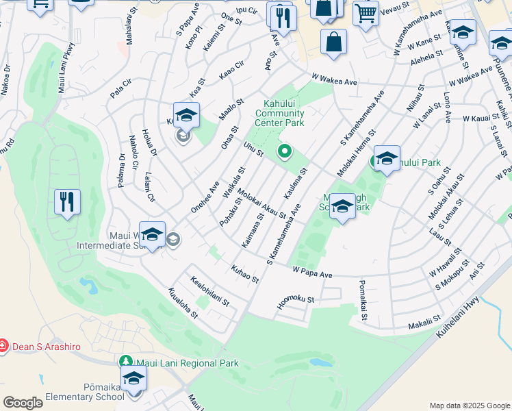 map of restaurants, bars, coffee shops, grocery stores, and more near 681 Molokai Akau Street in Kahului