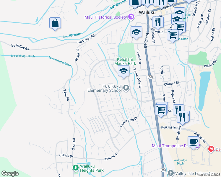 map of restaurants, bars, coffee shops, grocery stores, and more near 3700 Kehalani Mauka Parkway in Wailuku