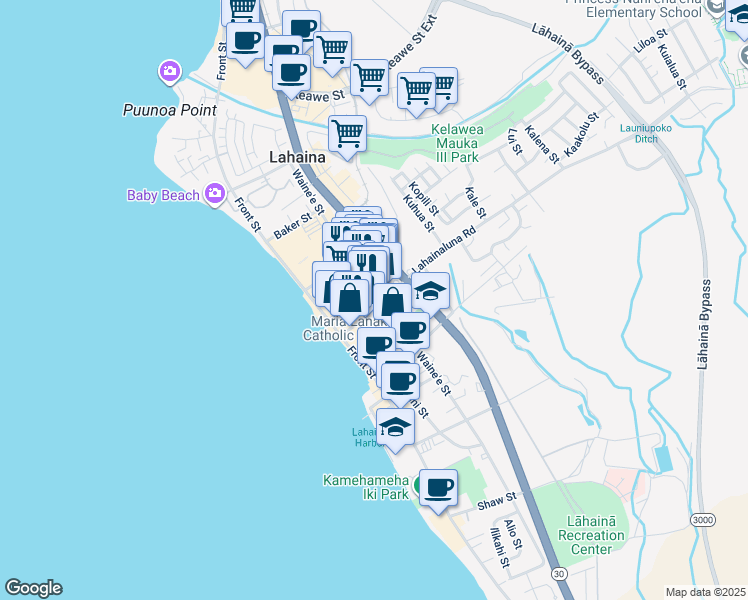 map of restaurants, bars, coffee shops, grocery stores, and more near 193 Lahainaluna Road in Lahaina