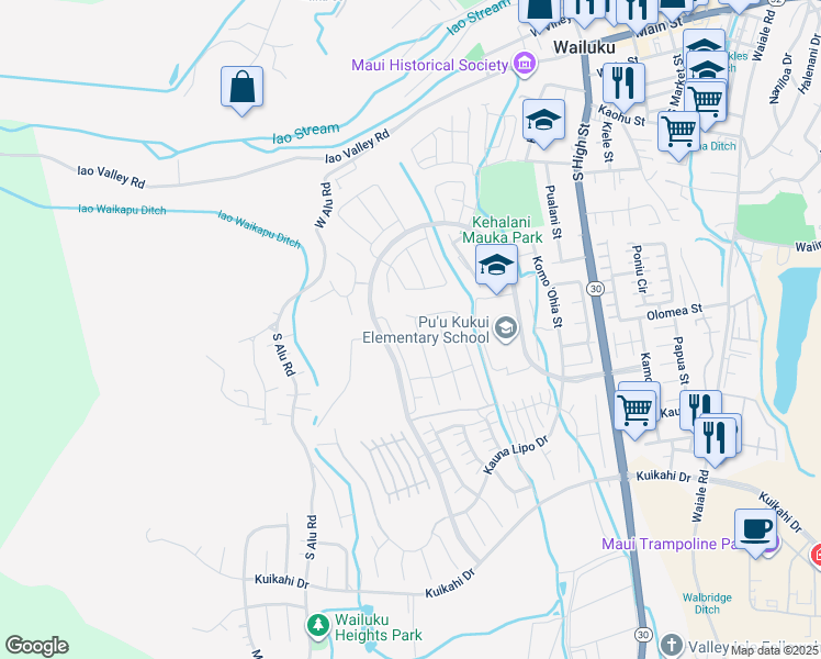 map of restaurants, bars, coffee shops, grocery stores, and more near 123 Pua Kalaunu in Wailuku