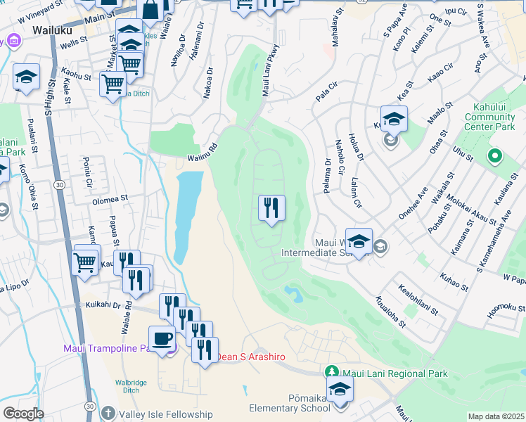 map of restaurants, bars, coffee shops, grocery stores, and more near 24 Loihi Place in Kahului