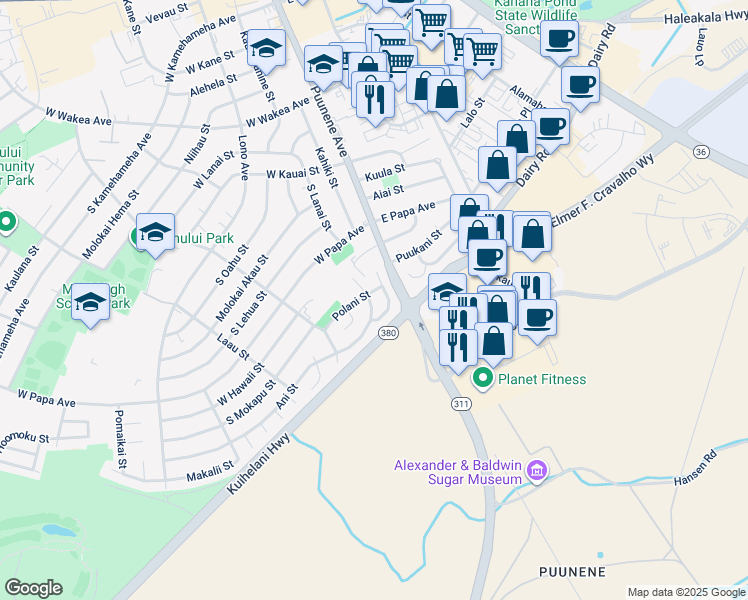map of restaurants, bars, coffee shops, grocery stores, and more near 41 Ani Street in Kahului