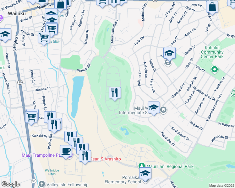 map of restaurants, bars, coffee shops, grocery stores, and more near 15 Haipule Place in Kahului