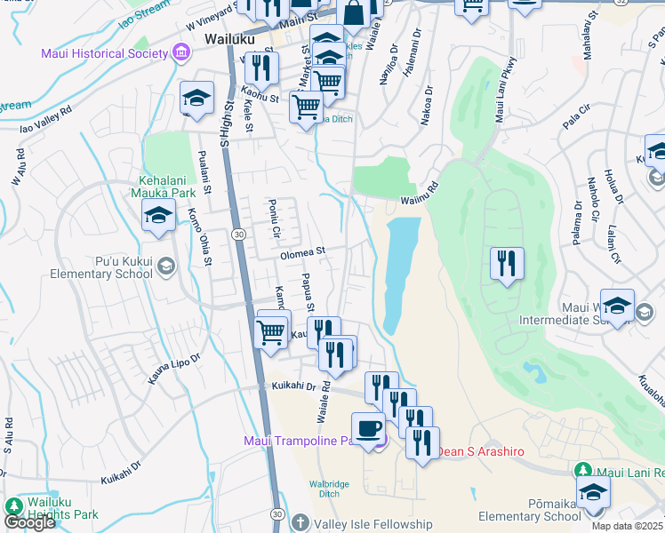 map of restaurants, bars, coffee shops, grocery stores, and more near 679 Meakanu Lane in Wailuku