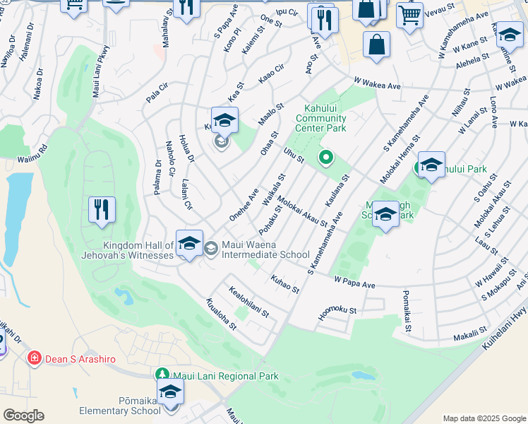 map of restaurants, bars, coffee shops, grocery stores, and more near 585 Waikala Street in Kahului