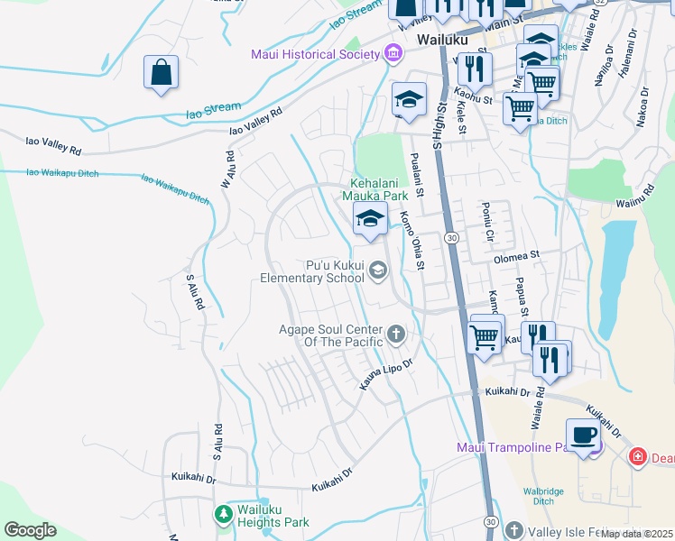 map of restaurants, bars, coffee shops, grocery stores, and more near 256 Pua Kalaunu in Wailuku