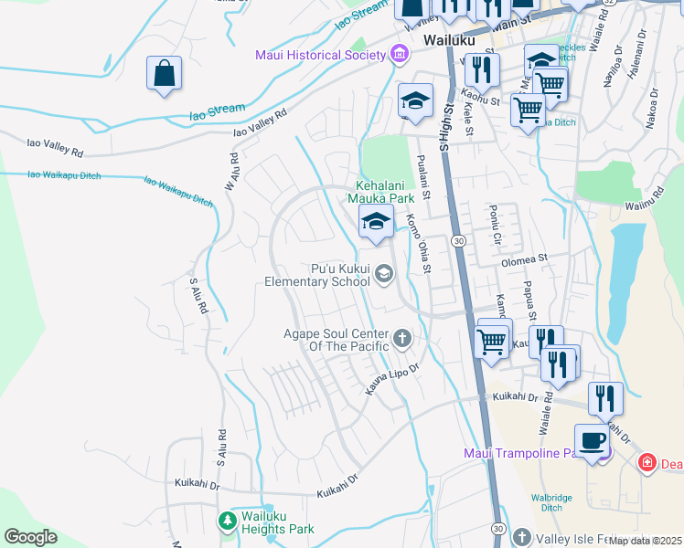 map of restaurants, bars, coffee shops, grocery stores, and more near 256 Pua Kalaunu in Wailuku