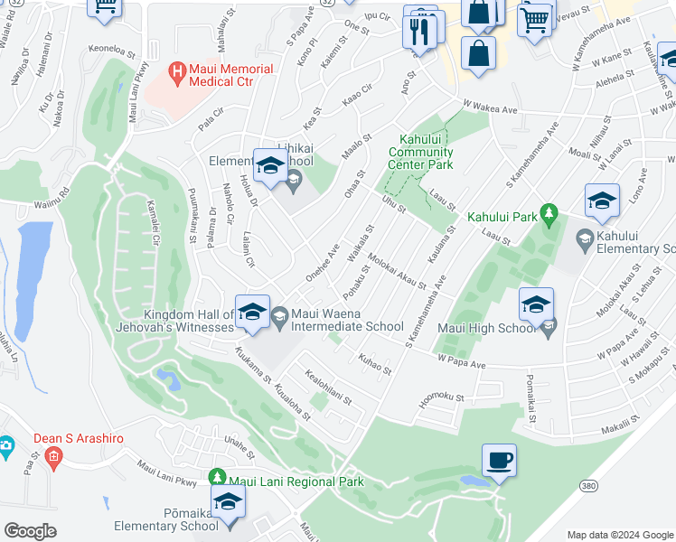 map of restaurants, bars, coffee shops, grocery stores, and more near 588 Waikala Street in Kahului