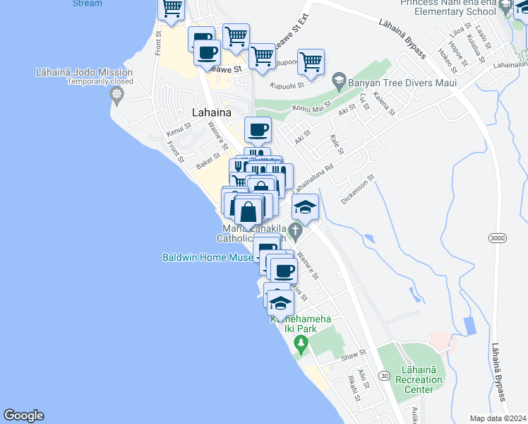 map of restaurants, bars, coffee shops, grocery stores, and more near 193 Lahainaluna Road in Lahaina