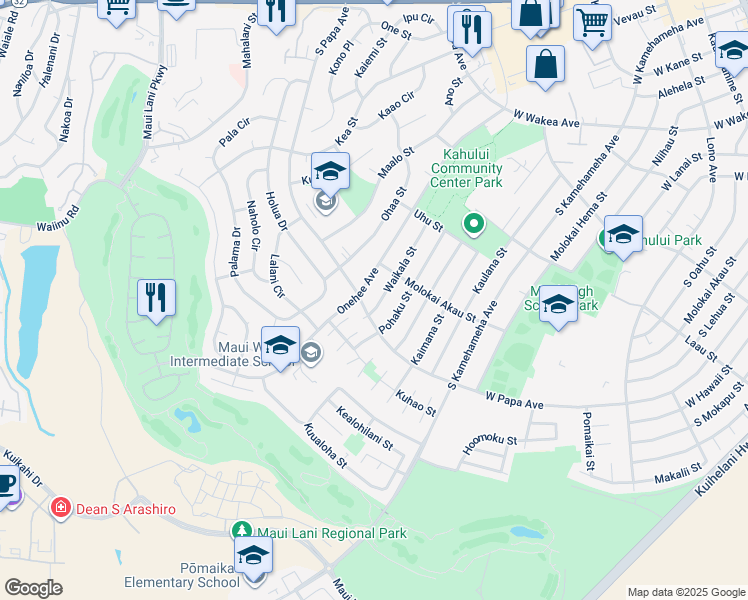 map of restaurants, bars, coffee shops, grocery stores, and more near 588 Waikala Street in Kahului