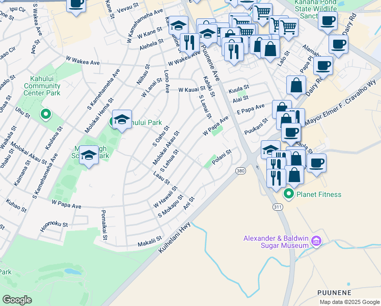 map of restaurants, bars, coffee shops, grocery stores, and more near 136 West Hawaii Street in Kahului