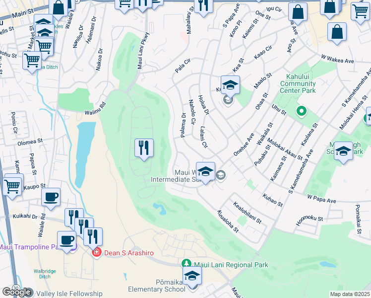 map of restaurants, bars, coffee shops, grocery stores, and more near 446 A Palama Drive in Kahului