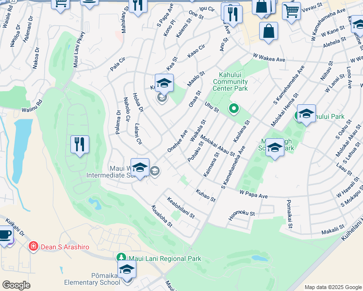 map of restaurants, bars, coffee shops, grocery stores, and more near 491 South Papa Avenue in Kahului