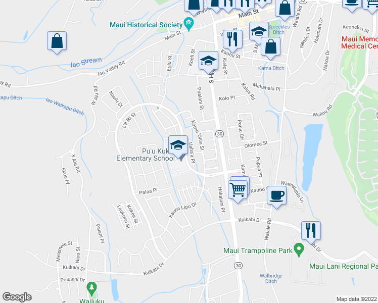 map of restaurants, bars, coffee shops, grocery stores, and more near 47 Uaha'a Place in Wailuku