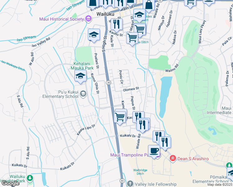 map of restaurants, bars, coffee shops, grocery stores, and more near 18 Hapua Place in Wailuku