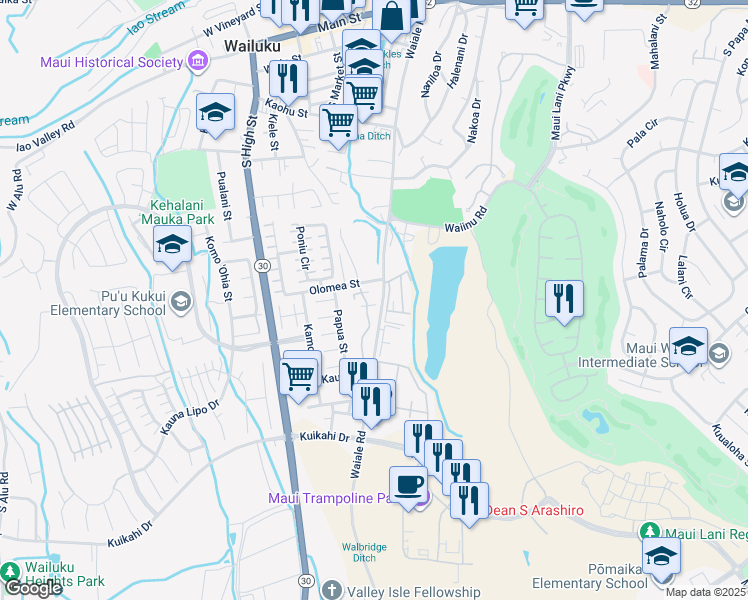 map of restaurants, bars, coffee shops, grocery stores, and more near 643 Meakanu Lane in Wailuku