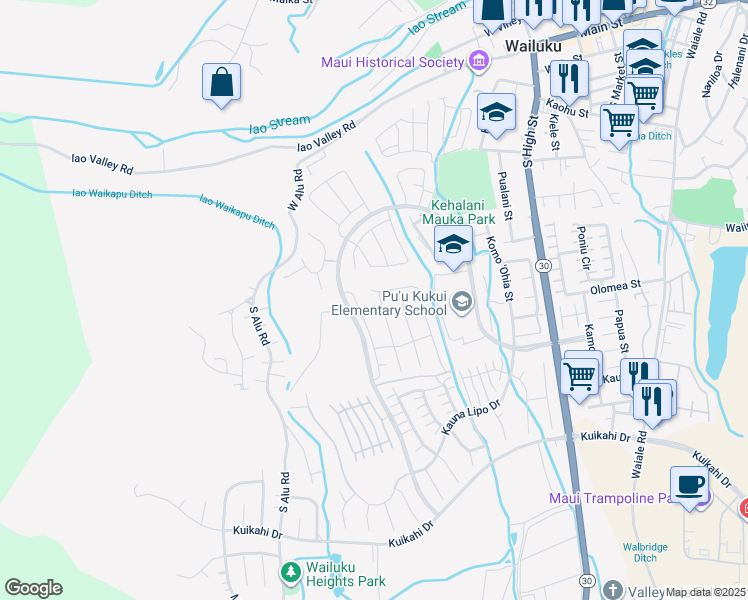 map of restaurants, bars, coffee shops, grocery stores, and more near 129 Pua Kalaunu in Wailuku
