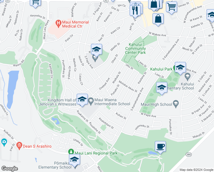 map of restaurants, bars, coffee shops, grocery stores, and more near 491 South Papa Avenue in Kahului
