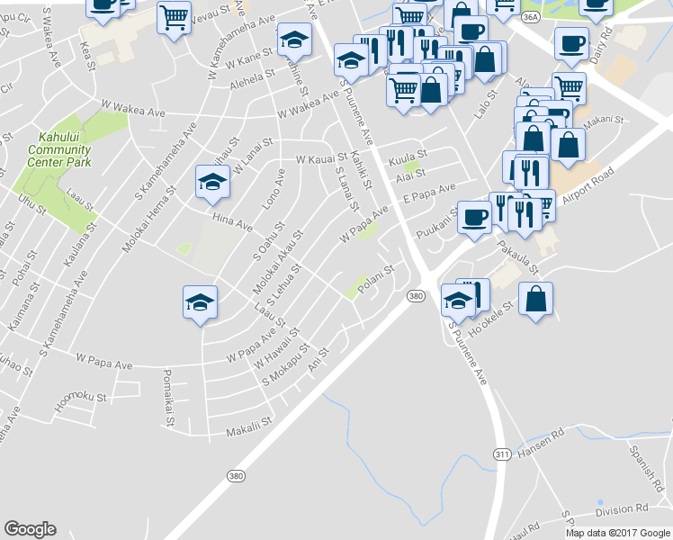 map of restaurants, bars, coffee shops, grocery stores, and more near 136 West Hawaii Street in Kahului
