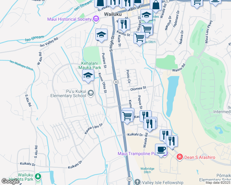 map of restaurants, bars, coffee shops, grocery stores, and more near 52 Kumula'au Ohi'a Loop in Wailuku