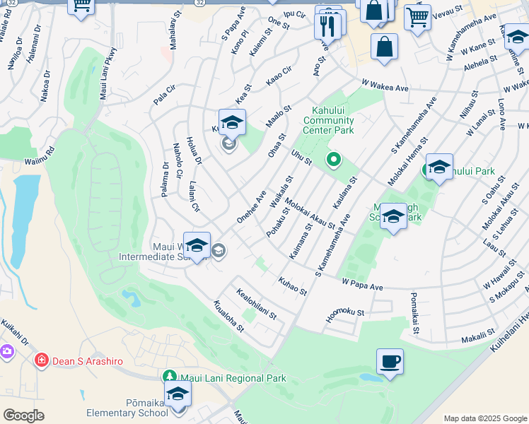 map of restaurants, bars, coffee shops, grocery stores, and more near 588 Waikala Street in Kahului