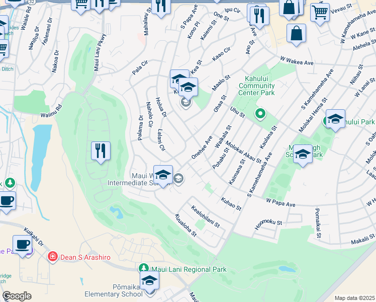 map of restaurants, bars, coffee shops, grocery stores, and more near 628 Holua Drive in Kahului