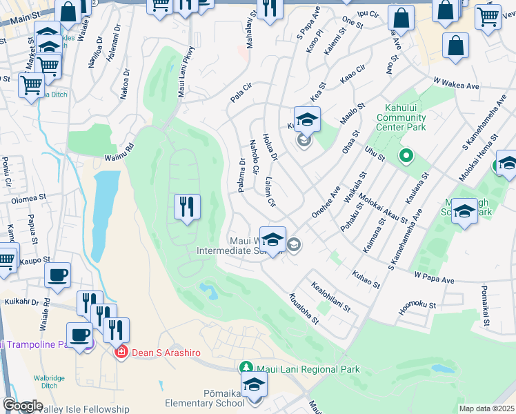 map of restaurants, bars, coffee shops, grocery stores, and more near 467 Palama Drive in Kahului