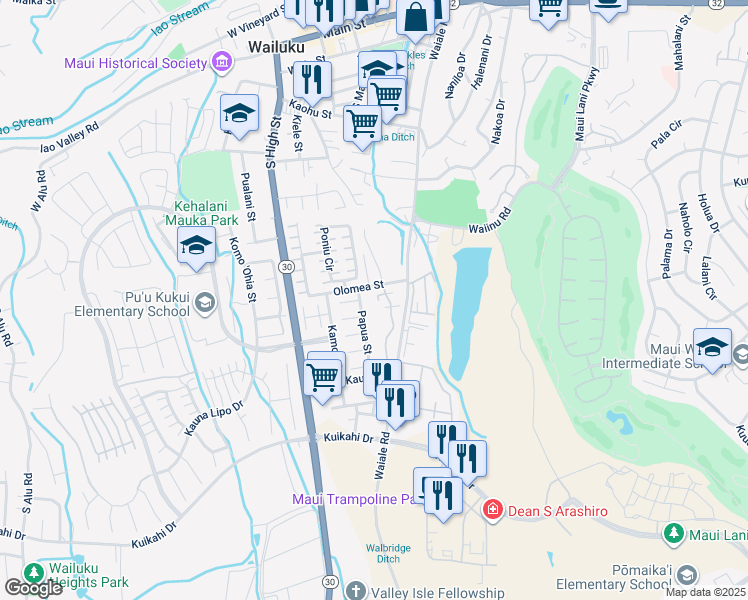 map of restaurants, bars, coffee shops, grocery stores, and more near 636 Meakanu Lane in Wailuku