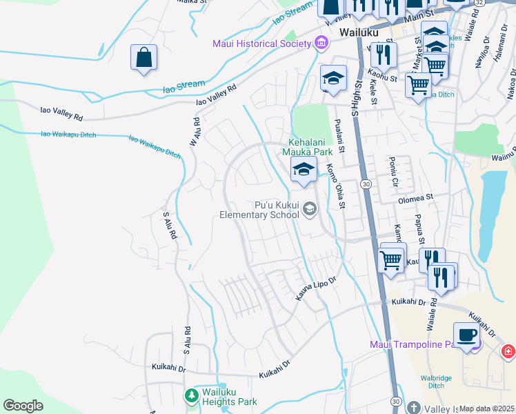 map of restaurants, bars, coffee shops, grocery stores, and more near 124 Pua Kalaunu in Wailuku