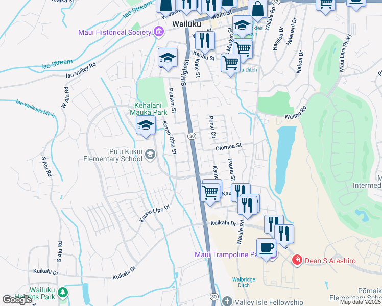 map of restaurants, bars, coffee shops, grocery stores, and more near 52 Kumulaau Ohia Loop in Wailuku