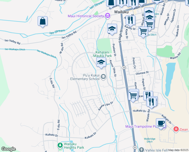 map of restaurants, bars, coffee shops, grocery stores, and more near 253 Pua Kalaunu in Wailuku