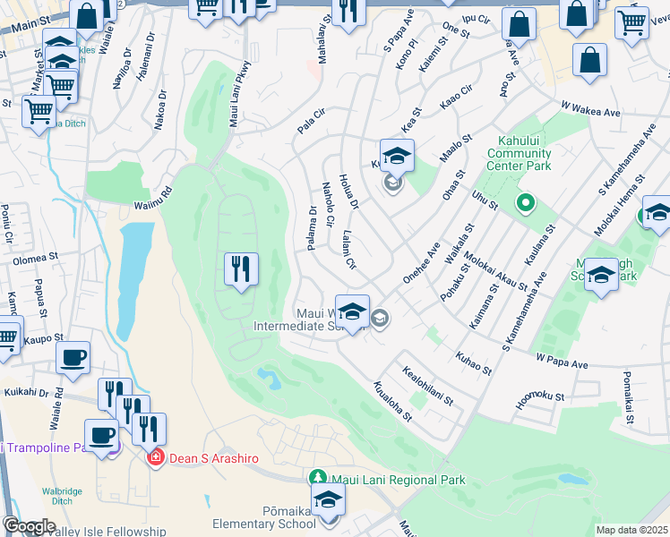 map of restaurants, bars, coffee shops, grocery stores, and more near 467 Palama Drive in Kahului