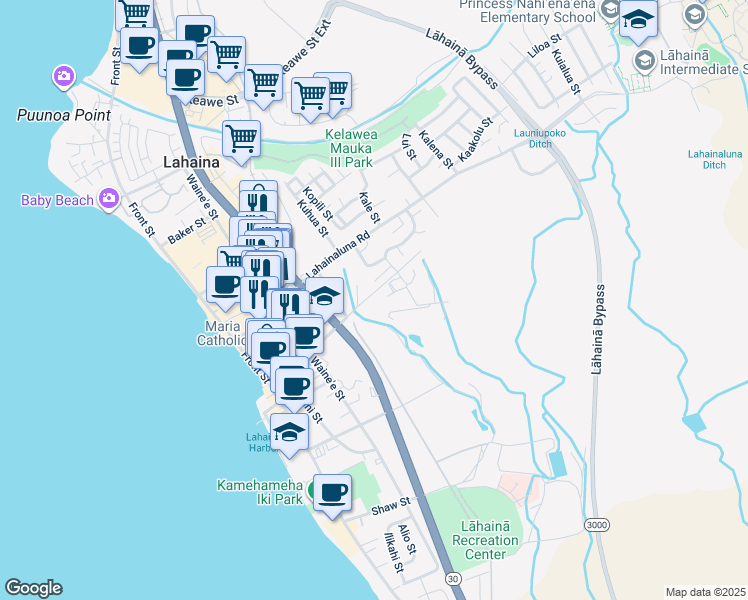map of restaurants, bars, coffee shops, grocery stores, and more near 346 Dickenson Street in Lahaina