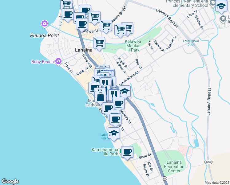 map of restaurants, bars, coffee shops, grocery stores, and more near 232 Lahainaluna Road in Lahaina