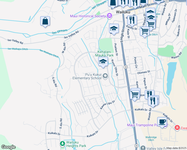 map of restaurants, bars, coffee shops, grocery stores, and more near 250 Pua Kalaunu in Wailuku