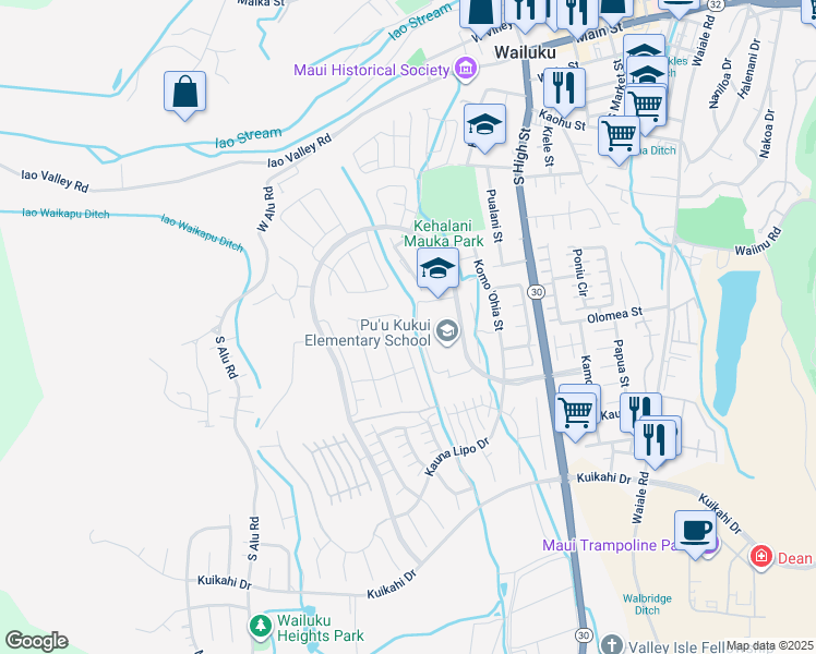 map of restaurants, bars, coffee shops, grocery stores, and more near 253 Pua Kalaunu in Wailuku