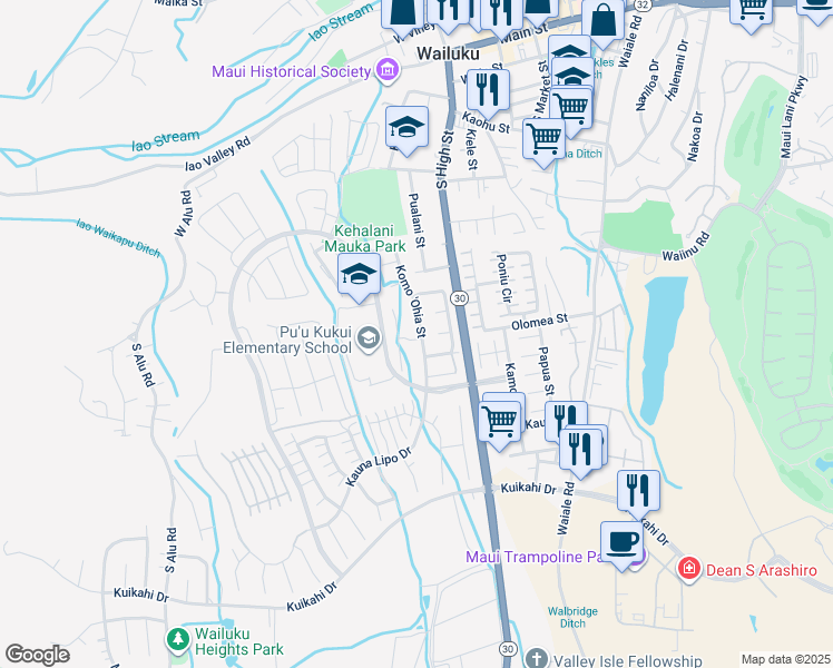 map of restaurants, bars, coffee shops, grocery stores, and more near 620 Koma 'Ohia Street in Wailuku