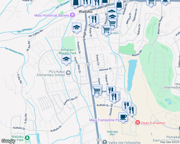 map of restaurants, bars, coffee shops, grocery stores, and more near 616 Akolea Street in Wailuku